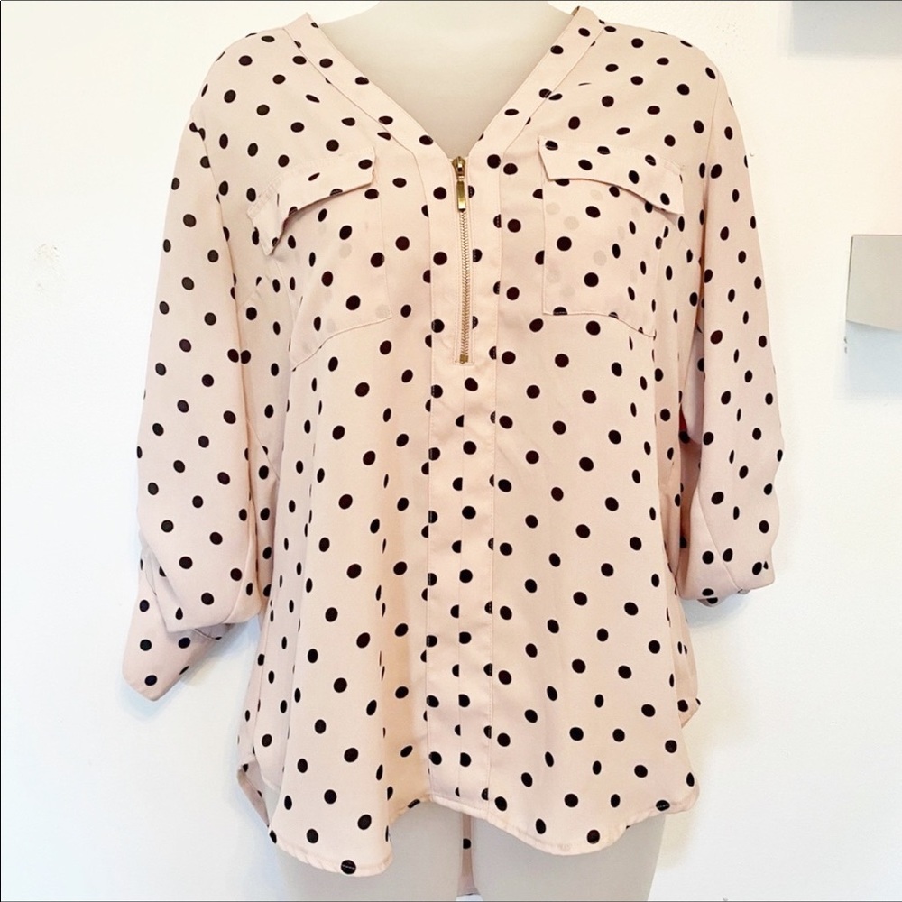 Express polka dot blouse 3/4 zip up size M